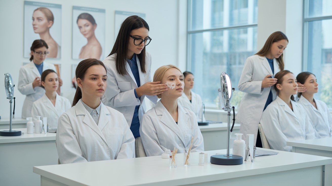 Studentai atlieka veido procedūrą mokomojoje laboratorijoje