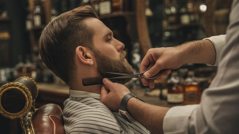 Barzdaskutys (barberis) formuoja barzdą klientui stilingame salone.