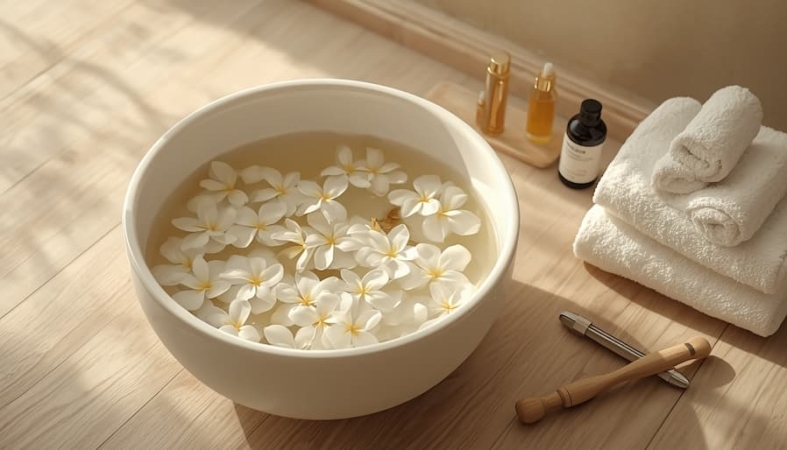 SPA pedikiūro vonelė su gėlėmis ir profesionalios pėdų priežiūros priemonės namuose